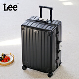 Lee高颜值铝框多功能拉杆箱皮把手行李箱大容量密码旅行箱黑色20英寸
