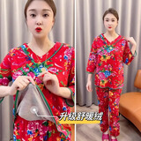 hiui秋冬保暖盘扣东北大花睡衣女红色九分裤中国民族风大码家居服套装 东北大花睡衣套装（升级款） 3XL【建议120-140斤】