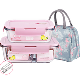 创得耐热玻璃保鲜盒高硼硅大容量微波炉专用饭盒冰箱收纳密封玻璃碗 北欧粉700+三隔1000+包+餐具