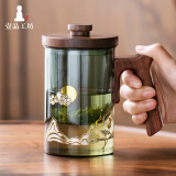 一品工坊玻璃茶杯茶水分离杯子带盖带手把办公室男士高档过滤茶杯子泡茶杯 沐宁水杯-仙鹤祥云