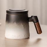 瓷牌茗茶具粗陶马克杯办公室大容量茶水分离水杯礼盒装送礼可定制 黑白渐变粗陶珍藏三件杯-安全装