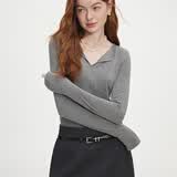 范思蓝恩秋季V领套头百搭长袖针织T恤女秋季2024新款通勤修身针织衫上衣 高级灰 S