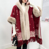 CerrnKutta新款毛毛气质针织披肩大毛领披风斗篷外套女秋冬季手套帽子套装 圣诞红加绒加厚（雪花图案） 均码【80-150斤可穿】