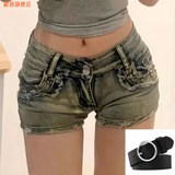 藏颜新款显瘦显高辣妹夏季低腰提臀牛仔超短裤女修身百搭美式高街阔腿 怀旧蓝短裤+腰带 XL