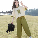 艾诺轮女童夏装套装中大童夏季女装儿童装女孩短袖t恤长裤两件套衣服 R兔套装-绿 160 建议身高150-160CM左右