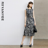 颜域设计感时尚连衣裙女2024春季裙子气质中长款背心裙 黑白花 XL/42