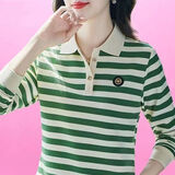 品牌长袖t恤女春秋气质时尚条纹polo衫宽松潮流翻领打底中年妈妈 130绿色 L 【建议100-110斤】