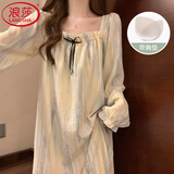浪莎带胸垫睡裙女春秋大码纯欲家居服甜美少女可外穿长袖女士睡衣