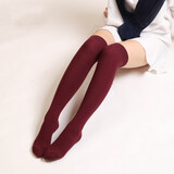 革斤威过膝袜长筒袜长袜子女学生棉纯竖条纹韩版森系堆堆袜 细竖条过膝酒红