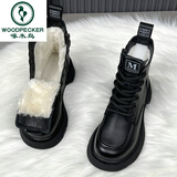 啄木鸟羊毛雪地靴皮毛一体短靴马丁靴女冬季保暖加厚厚底防滑棉鞋女冬天 黑色加绒羊毛 38