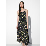 太平鸟女装吊带碎花裙夏季法式印花茶歇裙别致度假收腰长裙 黑色纹样 S