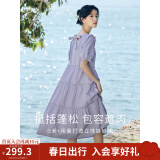 茵曼（INMAN）七七同款连衣裙2025夏女装新款田园纯棉提花方领A字泡泡袖蛋糕裙 紫色 M