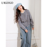 LAGOGO灰色含羊毛针织衫女拉谷谷春秋新款木耳边甜美温柔开衫毛衣 浅灰色(R3) M