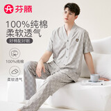 芬腾睡衣男士纯棉2025年夏季V领格纹短袖长裤家居服套装软棉棉