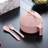 爱舒贝（AISHUBEI）【5件套】带盖泡面碗小麦秸秆餐具碗筷套装学生宿舍碗方便面大号 【少女粉】小麦碗+碗盖+叉勺筷