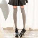 革斤威过膝袜长筒袜长袜子女学生棉纯竖条纹韩版森系堆堆袜 细竖条过膝浅灰