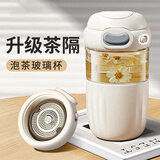 cica玻璃水杯女士高颜值泡茶杯茶水分离办公咖啡杯便携弹盖杯子耐高温 月牙白-480ml（带茶隔）