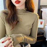 娴妃 双面穿德绒打底衫女2022秋冬保暖半高领木耳边针织长袖T恤上衣女洋气可外穿显瘦长袖T恤女 清新绿 L(80-120斤)