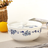 金岚玉唐山骨瓷7英寸面碗瓷盖大碗7吋盖碗面汤碗陶瓷带盖子微波炉泡面碗 青之花集-7英寸直口+带揪盖