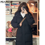棉致中长款过膝棉服女新款宽松冬季爆款棉衣外套女面包服羽棉袄绒服 X8818黑色【高品质65】 L 120-140斤