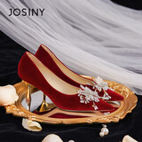 卓诗尼高跟鞋水钻婚鞋2025新款女鞋七夕春夏法式尖头新娘鞋 红色  38