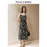太平鸟女装吊带碎花裙夏季法式印花茶歇裙别致度假收腰长裙 黑色纹样 L