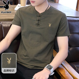 花花公子（PLAYBOY）短袖T恤男夏季男士潮流V领半袖棉麻衣服中国风男装 绿色 XL 