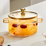 忆壶茶（YIHUTEA）汤锅高硼硅玻璃炖锅大容量泡面碗家用可明火加热耐高温双耳养生锅 小熊炖锅（香槟色） 16cm 1500ml