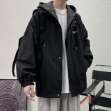 杰门森外套男春秋季假两件外套男连帽宽松秋季棒球服港风学生休闲夹克男 黑色 XL (建议体重125-135斤)