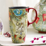 爱屋格林马克杯大容量陶瓷杯带盖水杯咖啡杯景德镇女生高颜值生日礼物实用 享受生活3LTM1902AN500ml