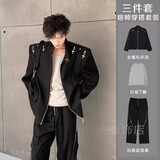 安初夏美式高街垫肩西装外套男金属飞机扣设计感夹克秋季痞帅炸街小西服 黑夹克+灰T恤+拉链裤【3件套】 XL 店铺优先发货