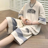 宗狮猴短袖T恤男士休闲套装男韩版潮流宽松潮男五分半袖一套衣服男青少  F34卡其色套装（上衣+裤子） XL【建议125-135斤】