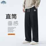 顶峰保罗（Dingfengbaoluo）休闲裤男春夏季宽松运动户外潮牌阔腿重磅直筒长裤子DDF18黑色L