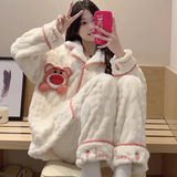 爱芬柔睡衣女士秋冬季珊瑚绒加厚加绒法兰绒可爱少女冬天保暖家居服套装 229898草莓熊 2XL 建议体重135-165斤