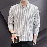 唐努乌秋冬款长袖衬衫加绒男条纹韩版休闲商务潮流衬衣型潮男 白色黑条 M 【90-100斤】