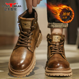 公牛世家马丁靴秋冬季新款牛皮英伦风大头皮鞋男士休闲高帮复古工装靴子男 古棕【加绒款棉鞋】GN123102994 41 （运动码）