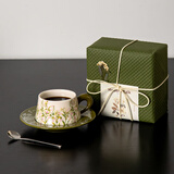 SUCCOHOMEWARE小清新花卉咖啡杯套装礼盒 ins风复古陶瓷马克杯新婚礼物搬家乔迁 百合绿(一杯一碟一勺)礼品包装