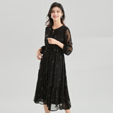 金菊桑蚕丝立体绣花秋季圆领经典纯色木耳边女式连衣裙 黑色 M