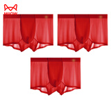 猫人（MiiOW）内裤男士冰丝薄无痕平角裤面膜速干裤蚕蛹抑菌大码大红本命年夏季 大红+大红+大红 事业一路长虹 3条 3XL （适合150-175）