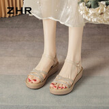 ZHR女鞋夏季坡跟百搭凉鞋女时尚水钻厚底显瘦沙滩鞋女 AY161 杏色 36