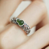 建禄和田碧玉石福禄银戒指单戒女士指环首饰品母亲生日新年礼物送妈妈