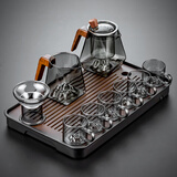 正扬玻璃茶具套装办公高档整套功夫茶盘耐热泡茶壶观山茶杯实木把防烫 10头烟灰(萧墨)6观山杯+长琴胡黑