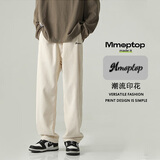 MMOPTOP潮牌灯芯绒裤子男士春秋季日系宽松垂感运动休闲裤8870米白XL