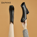 达芙妮法式瘦瘦靴牛皮短靴女中跟春秋季单靴女靴冬加绒保暖英伦风时装靴 黑加绒4022605202 36