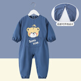 觞客优宝宝连体罩衣爬行服婴儿一体护衣儿童全身防水防脏爬爬服哈服春夏 贝蓝熊头连体【可开裆】 90cm 90码【身高75-83cm】