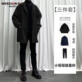 威登羊港风三件套秋冬季中长款夹克外套加绒休闲套装男潮流衣服裤子男装 黑外套+黑毛衣+黑绒西裤【三件套 XL