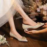 渝鼎福法式小跟鞋 矮跟绝美订婚婚鞋伴娘高跟鞋女旗袍尖头单鞋秋冬3公分 法式尖头鞋【香槟色粗跟3cm 36】