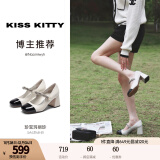 KISSKITTY【复古珍妮】粗跟玛丽珍女单鞋浅口小皮鞋高跟鞋婚鞋女 白色/黑色 37