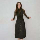 范思蓝恩23FS14450法式复古文艺千鸟格吊带连衣裙冬装背心裙 摩卡棕（20毛） M