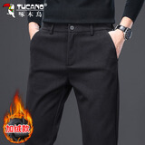 啄木鸟（TUCANO）休闲裤男秋冬季裤子男宽松直筒商务毛呢潮流通勤长裤 黑色加绒 30